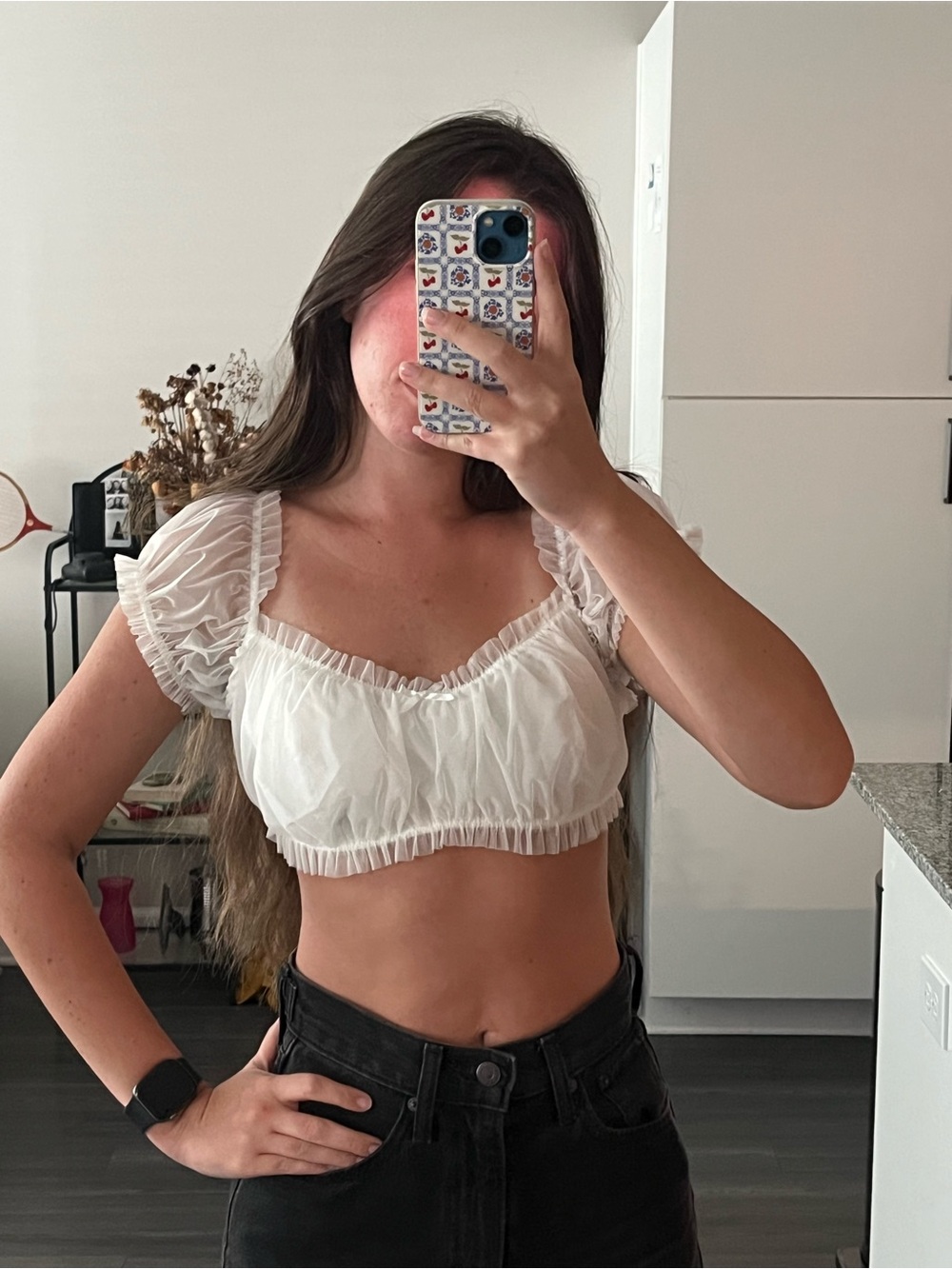 Sheer White Ruffle Puff Sleeve Crop Top